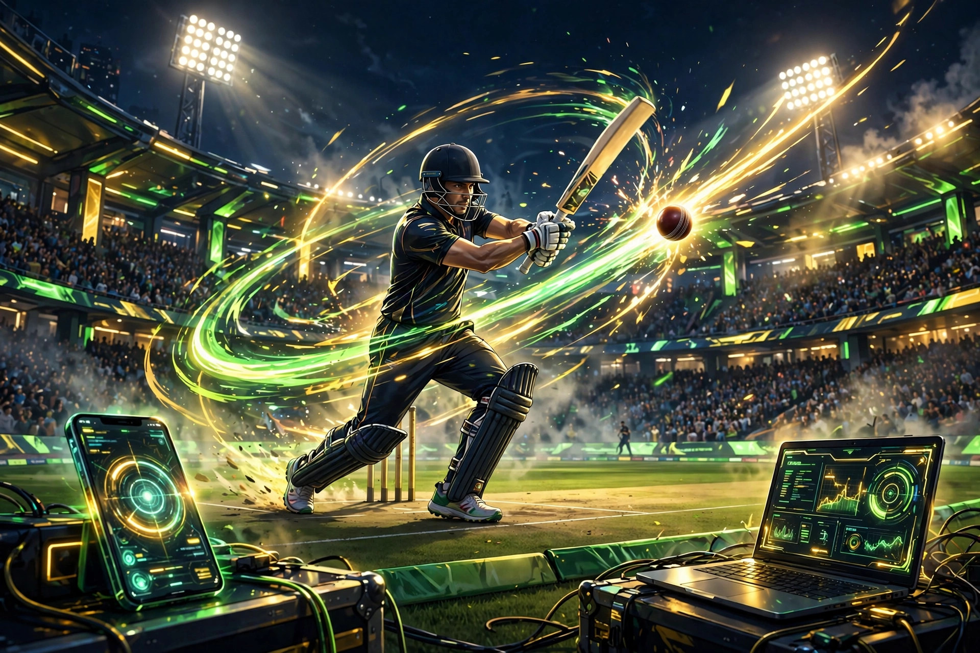 Cinematic illustration of a night cricket match under stadium floodlights with a smartphone and laptop integrated into the scene