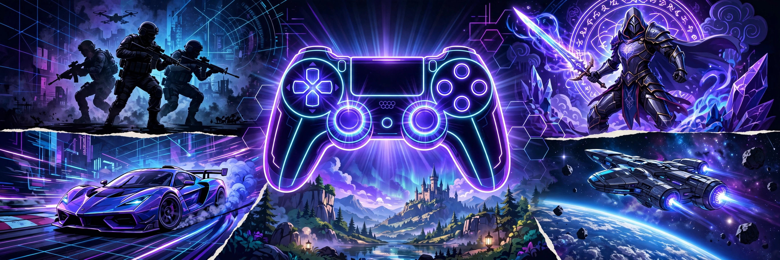 Illustration of free PC gaming genres — shooter, fantasy hero, race car, spaceship and castle around a glowing controller