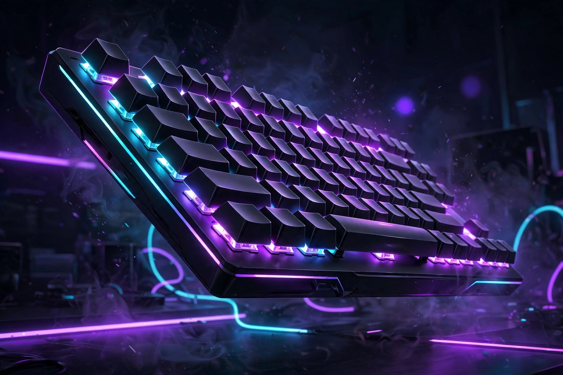 Illustration of a mechanical gaming keyboard with glowing RGB backlit keys floating at a dramatic angle in a dark neon gaming setup