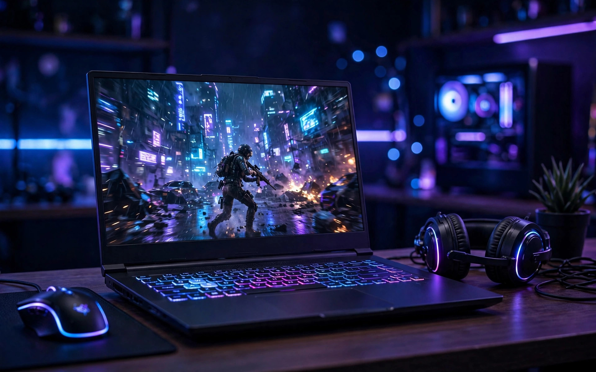 Cinematic photo of a gaming laptop with RGB keyboard, gaming headset and mouse on a desk with neon lighting