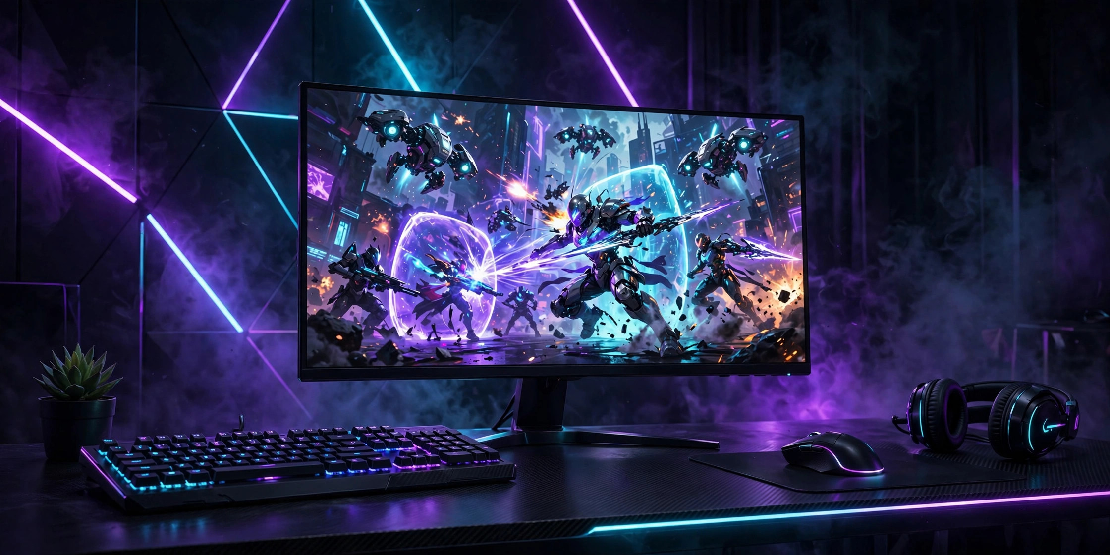 Gaming monitor on a desk glowing in purple and cyan neon light, its screen showing a colorful esports battle scene, with keyboard, mouse and headset beside it