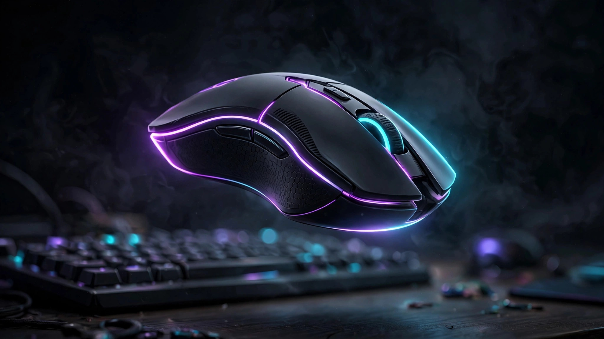 Illustration of a gaming mouse with glowing purple and cyan RGB accents floating above a backlit keyboard in a dark gaming setup