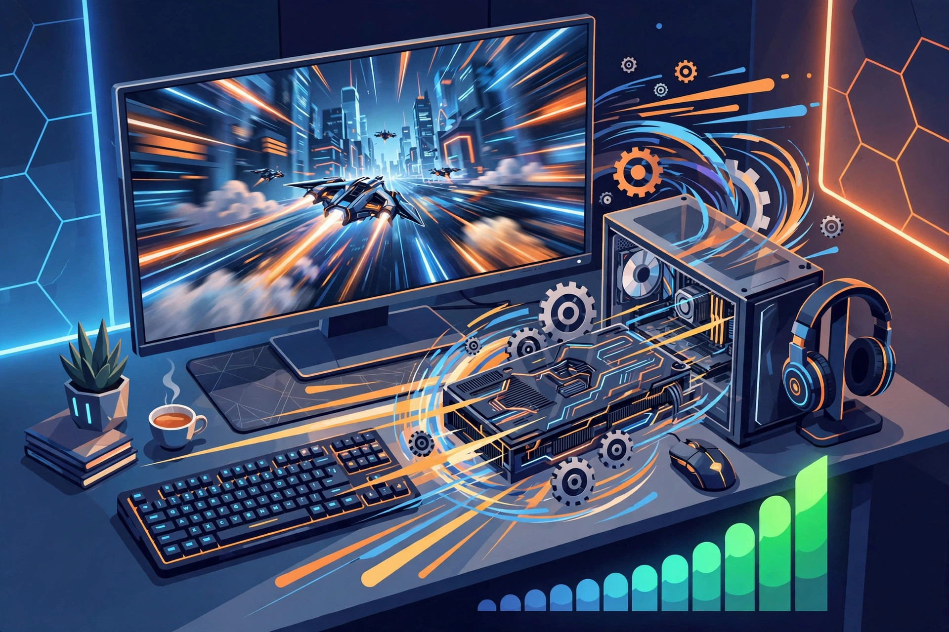 Digital illustration of a gaming PC battle station with a graphics card, speed gears, and an FPS counter climbing into the green zone