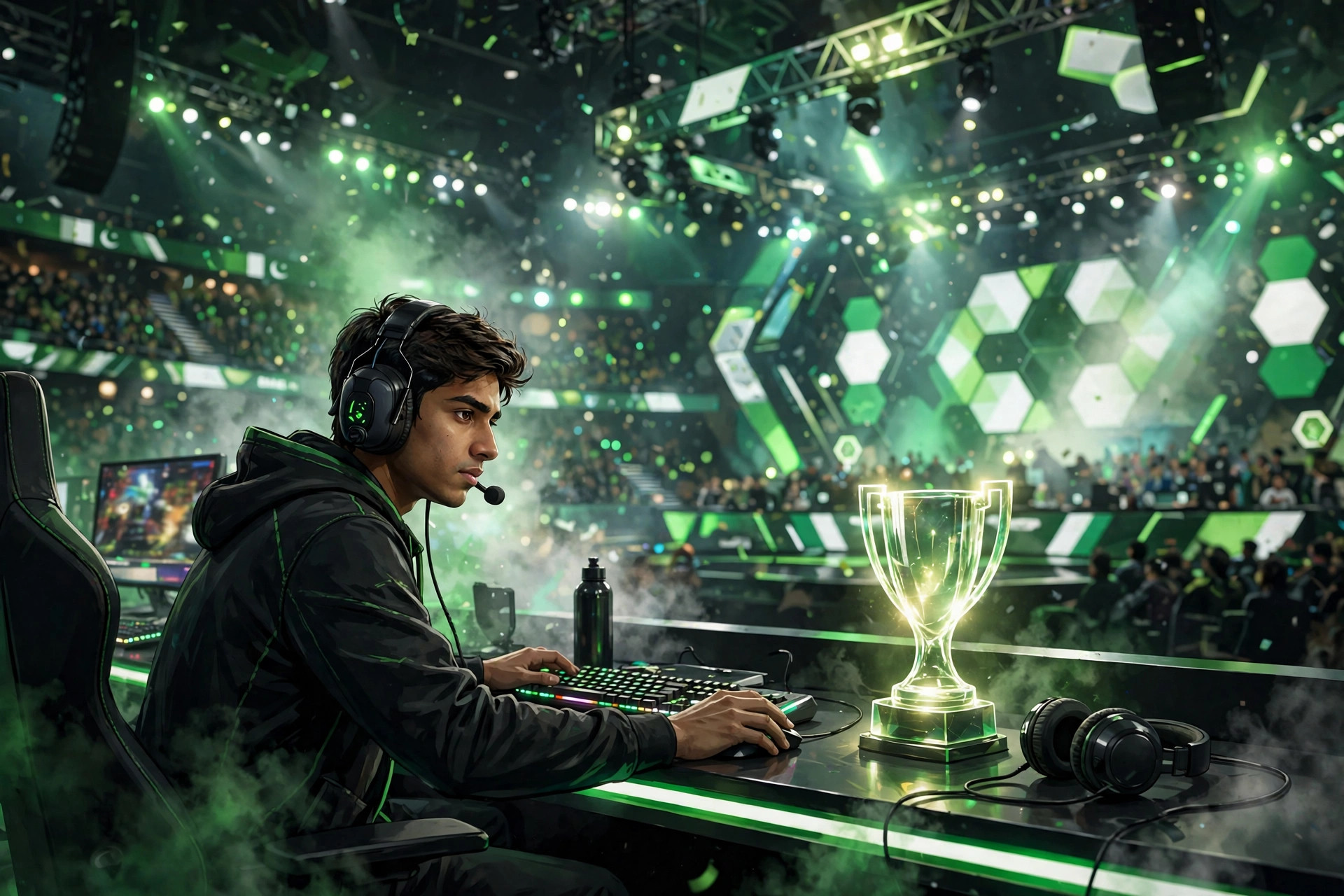 Digital illustration of a young Pakistani esports player on stage with headset, green arena lights and a glowing trophy