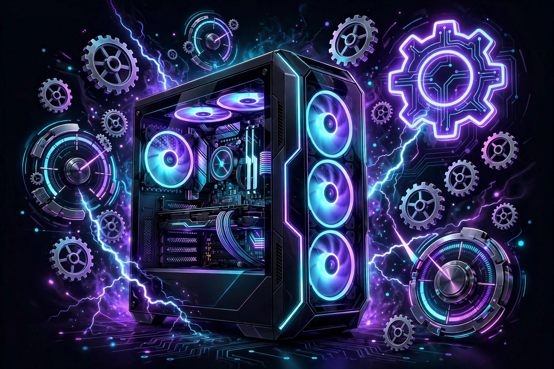 Illustration of a gaming PC tower with glowing cyan and purple neon accents, performance dials, gears and lightning bolts on a dark background