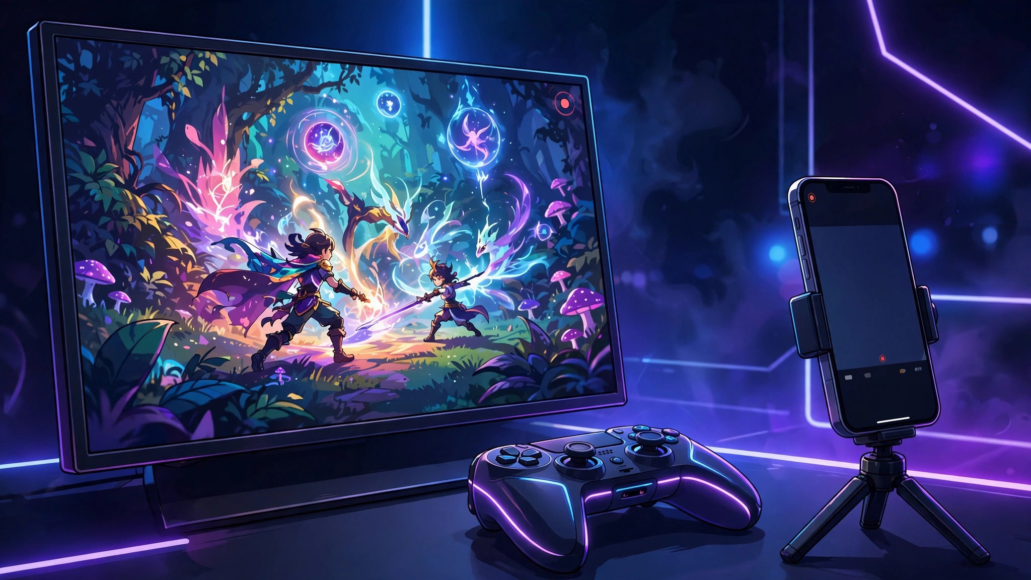 A glowing red record button floating over a gaming screen showing a dramatic in-game battle scene