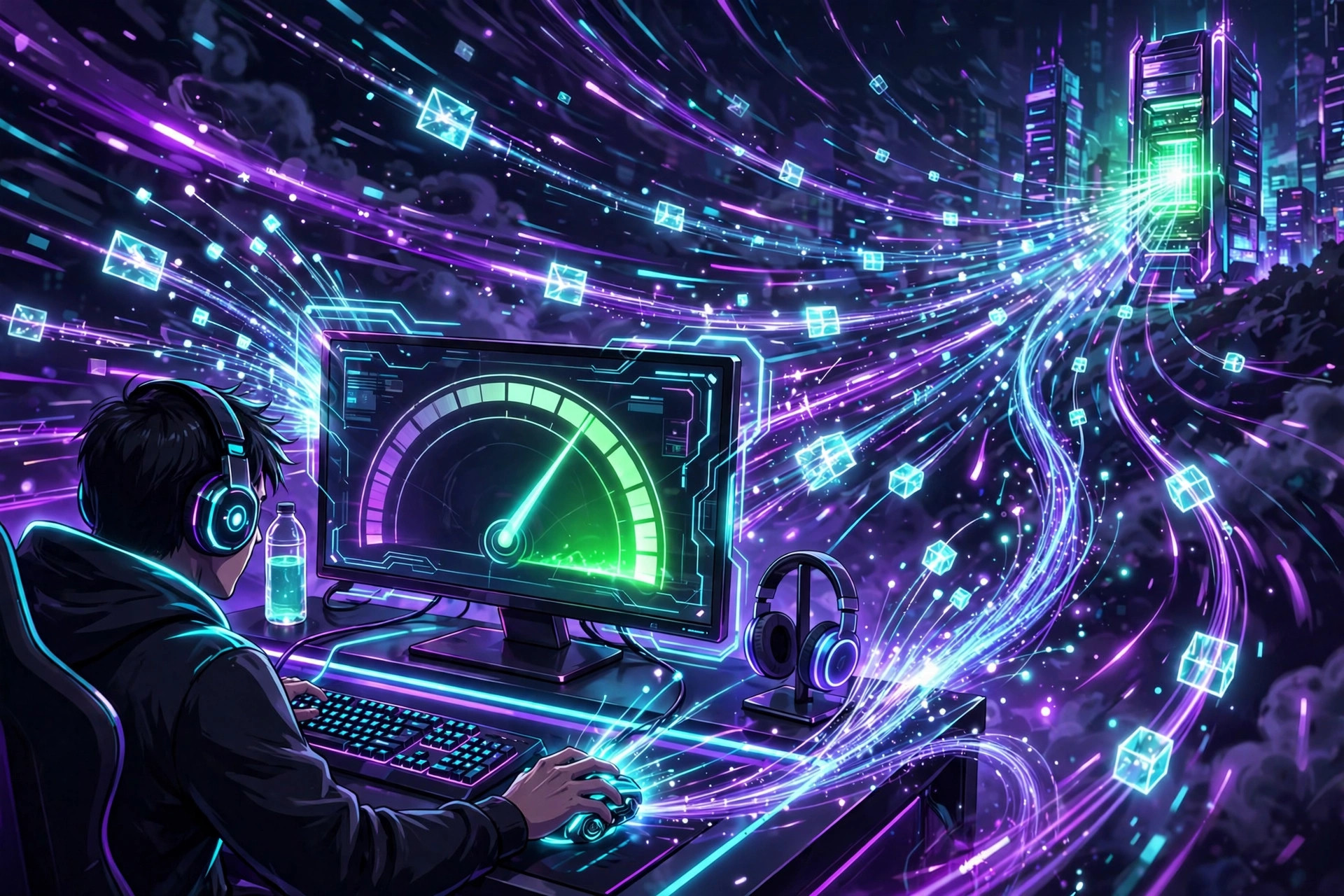 Digital illustration of a gaming setup with a ping gauge dropping into the green zone as neon data packets race toward a game server