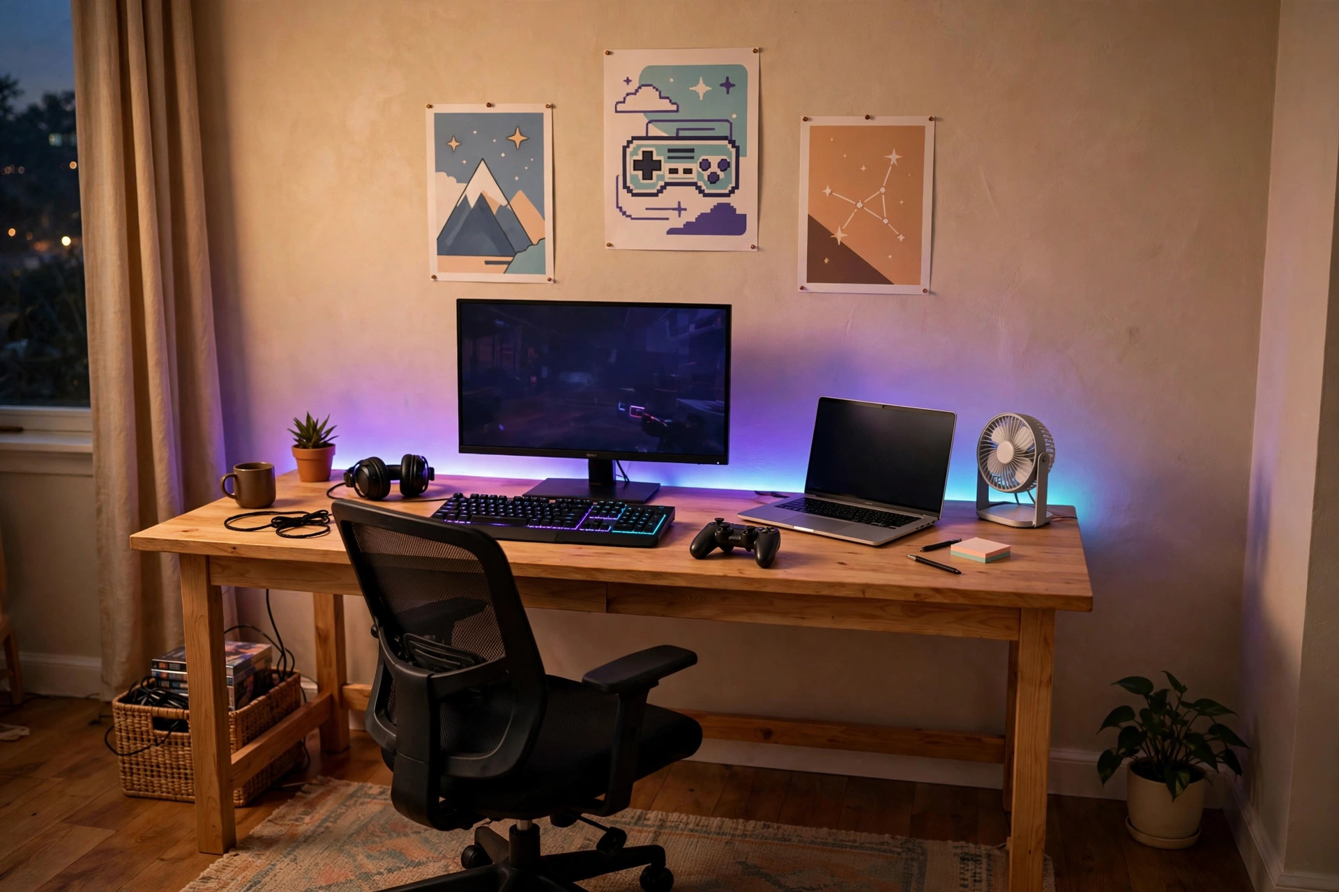 A cozy budget gaming room setup with a wooden desk, monitor, LED strip lighting, and office chair